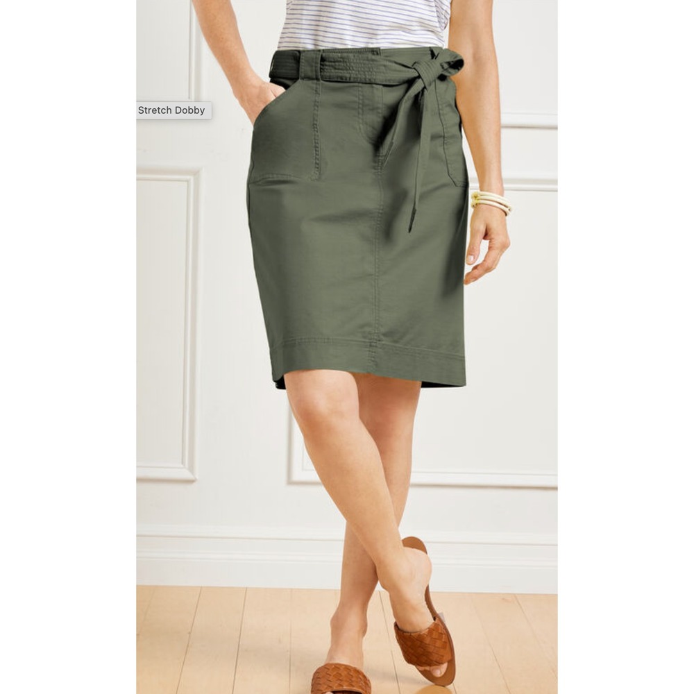 Talbots Tie Waist Women's Utility Stretch Dobby Skirt Green Size 16